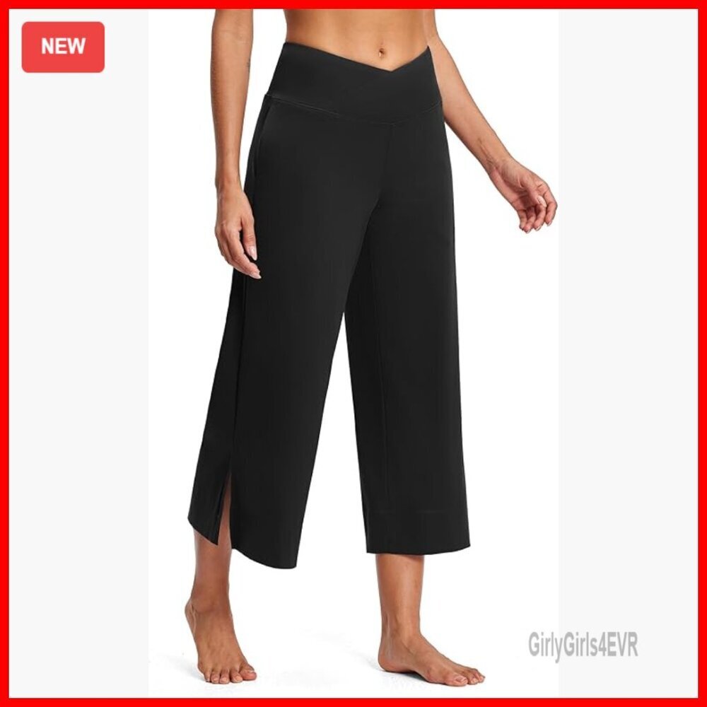 High Waist Wide Leg Yoga Pants with Pockets, Recycled Material, Cropped